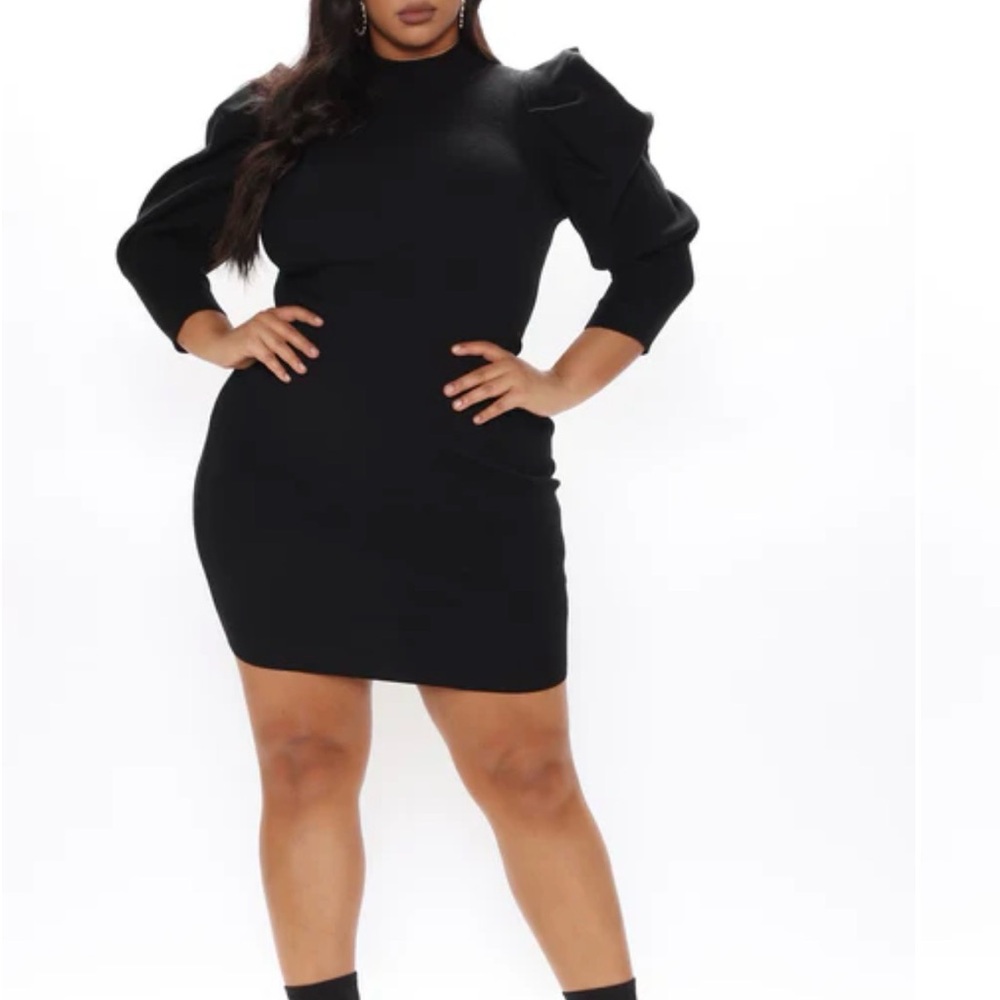Elegant Black Puff Sleeve Sweater Dress - Picture 3 of 3